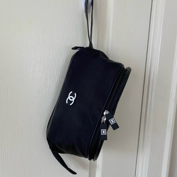 Brand New Chanel Black Nylon Large Makeup Bag/Pouch/Clutch with Wrist Strap - Picture 1 of 15
